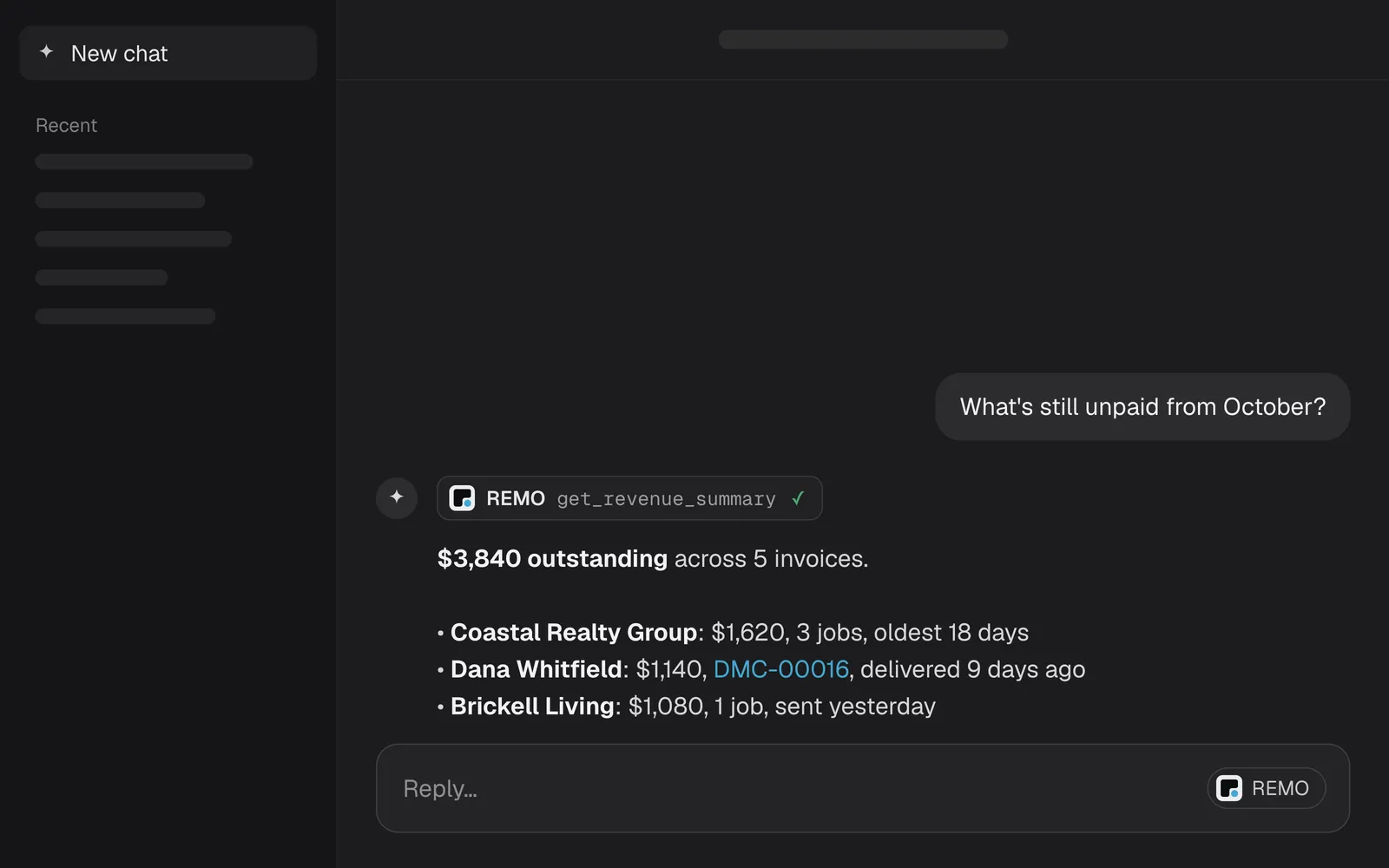 An assistant chat where someone asks what is still unpaid this month, and the assistant uses REMO to list outstanding invoices by client.