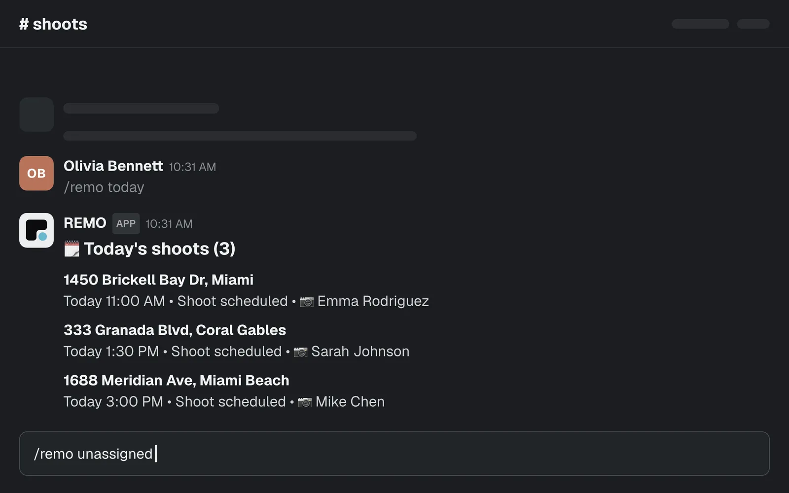 The /remo today command and REMO’s reply listing the day’s shoots.