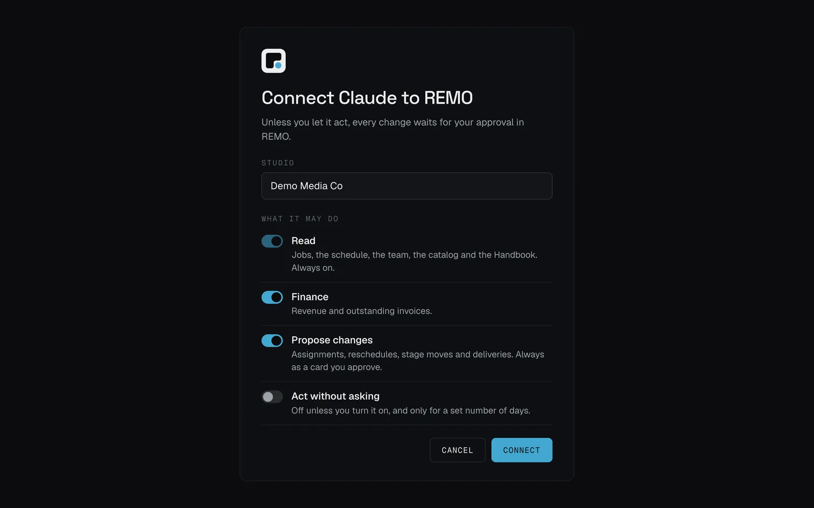 REMO's Connect Claude to REMO page, with the studio picked and toggles for Read, Finance, Propose changes and Act without asking.