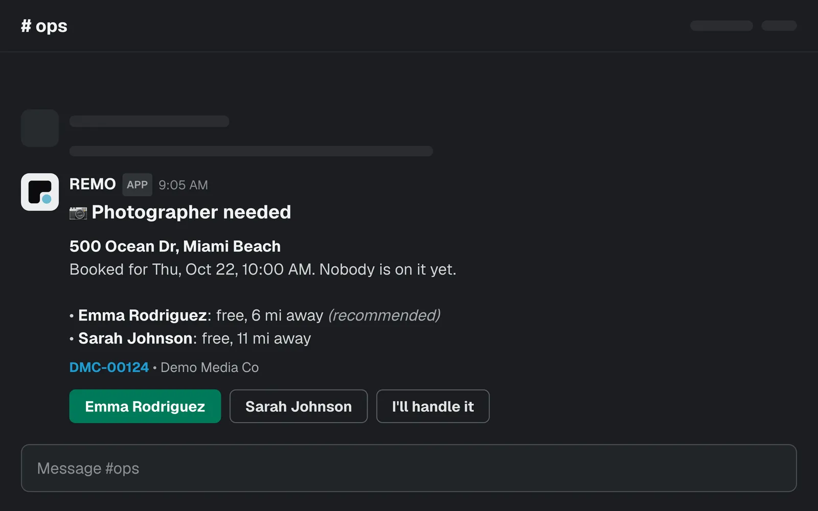 A REMO card in Slack asking who should take an unstaffed shoot, with a button for each free photographer and an I'll handle it button.