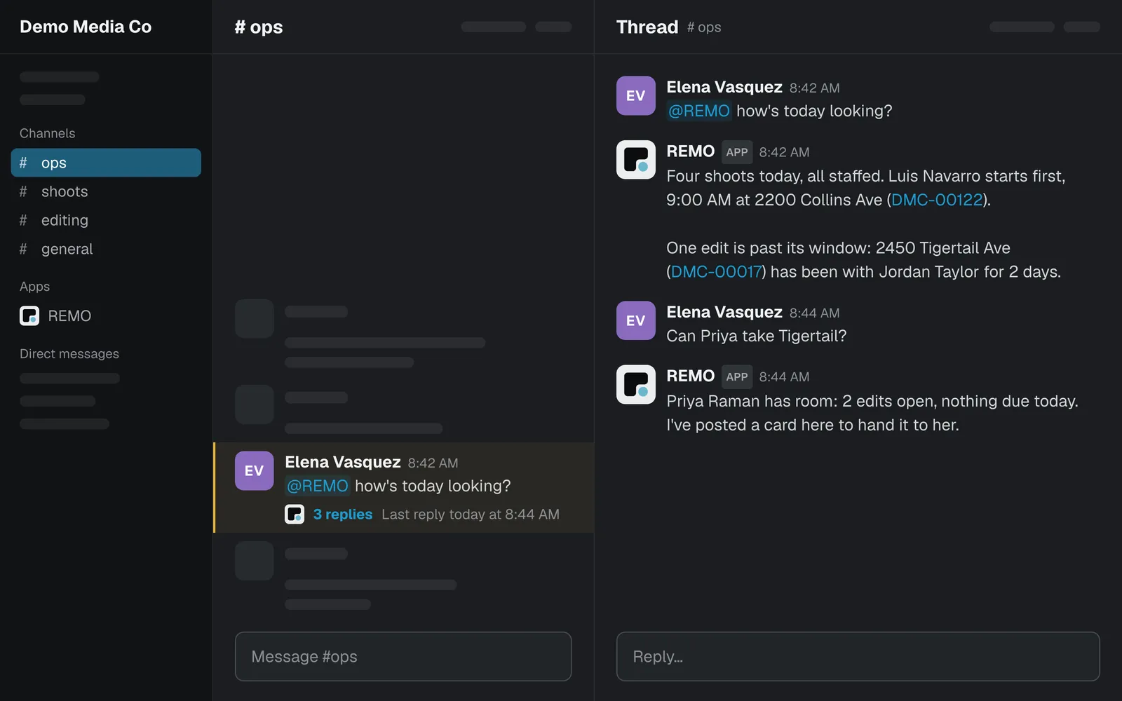A Slack thread where the team asks @REMO about today's shoots and REMO answers.
