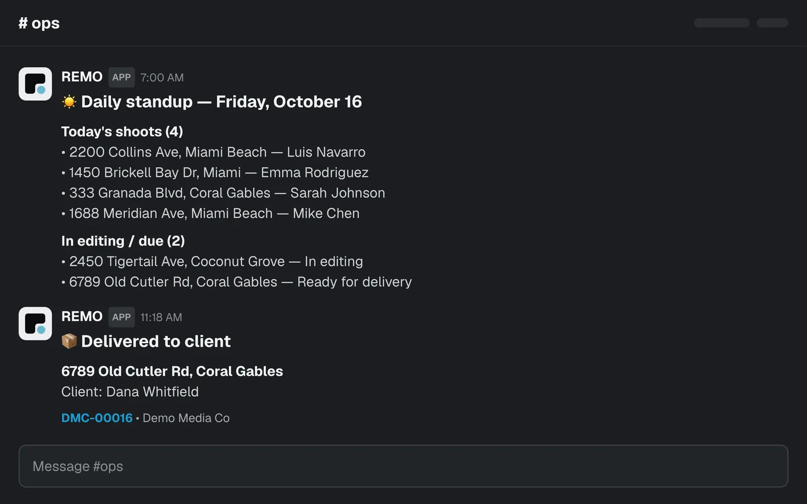 A morning standup message from REMO summing up the day in a Slack channel, followed by a delivered-to-client update.